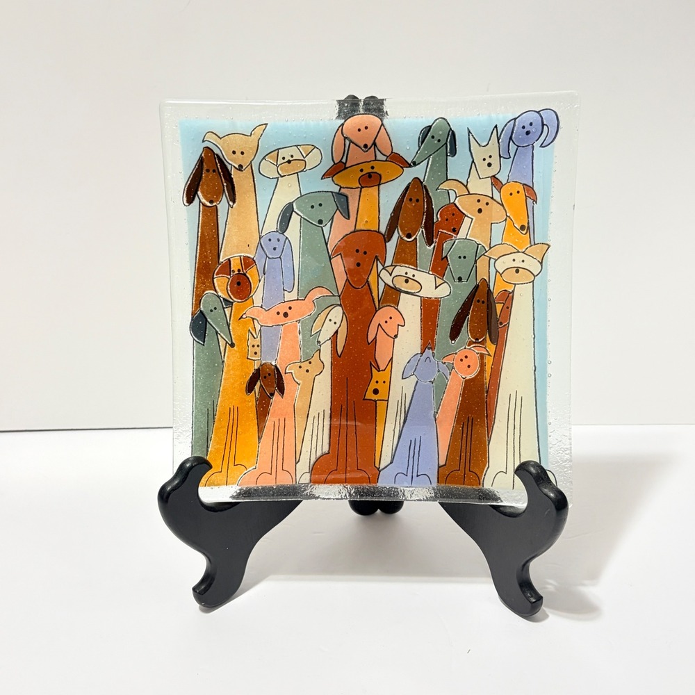 Peggy Karr Fused Glass Dog Plate Colorful Dogs Art Glass Tray 9.5in